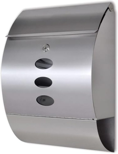 vidaXL Stainless Steel Mailbox - Silver Secure Locking Postbox with Viewing Windows, Mounting Accessories, and Newspaper Holder, 30x12x40cm