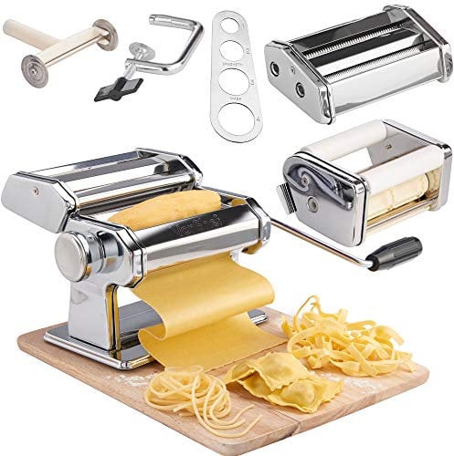 VonShef Manual Pasta Machine, Professional Stainless Steel Pasta Maker with Three Adjustable Crank Rollers & Nine Thickness Settings, Includes Secure Clamp, Pasta Cutter & Spaghetti Measurer
