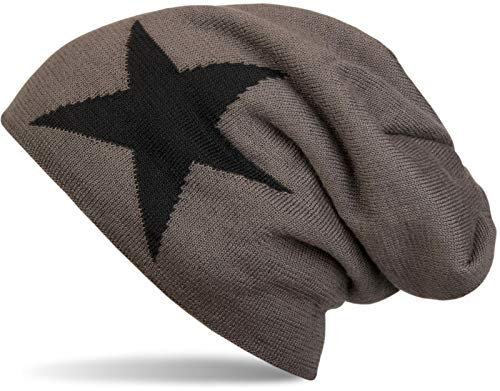 styleBREAKER warme Klassische Strick Beanie Mütze mit Stern und sehr weichem Innenfutter, Unisex 04024026, Farbe:Dunkelgrau