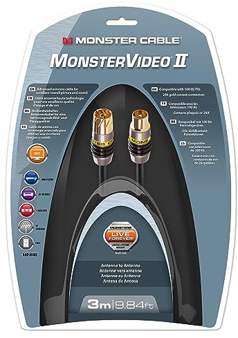 MONSTER - Câble d'Antenne Coaxial - pour Téléviseurs 100 Hz - Double Blindage en Feuilles Métalliques et Tresse de Cuivre - Conducteur en Cuivre Multibrin - Garanti à Vie - 3 m