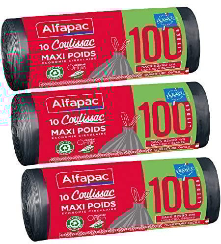 alfapac - 10 sacs 100L à liens coulissants - Sacs-Poubelle Maxi-Poids - Éco-responsables : mélange de matière recyclée et d'origine végétale - Fabriqué en France - Lot de 3
