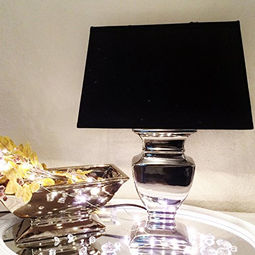 DRULINE Keramik Lampen Lampenfuß Lampenschirm Tischlampe Nachttischlampe Tischleuchte SILVER 35 cm Fuß Silber - Schirm Schwarz