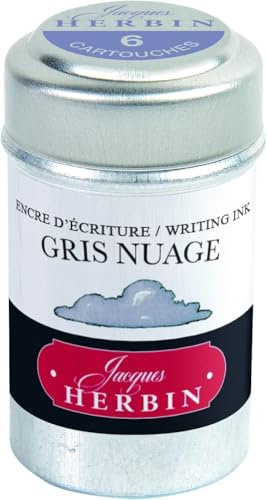 Jacques Herbin - Ref 20108T - Universal Writing Snap-In Ink Cartridges - Gris Nuage / Cloud Grey - Cylindrical Metal Pot of 6 Cartridges - Grey-Coloured Ink