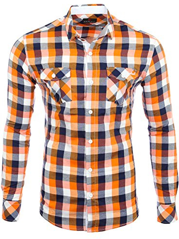 Reslad Herren Hemd Männer Party Freizeit Sommer Figurbetont karriert Langarm Neu Bügelfrei Flanell RS-7060 Orange Weiß XL