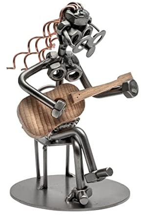STEEMO Schraubenmännchen Gitarristin Gitarre Geschenk Metall-Deko Stahl, grau, 9x9x14 cm