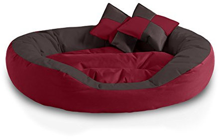 BedDog® 4in1 Hundebett SABA, Wende-Hunde-Kissen oval-rund, großes Hundekörbchen, abwischbares Hundebett mit Rand, für drinnen, draußen, XL, Sultan, rot-braun