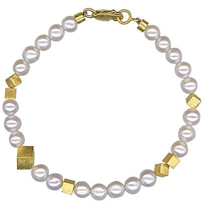 Perlenarmband, hochwertige Goldschmiedearbeit aus Deutschland mit echten Perlen, handgefertigten, vergoldeten Würfeln aus 925er Sterling Silber, exklusives, apartes Damenarmband