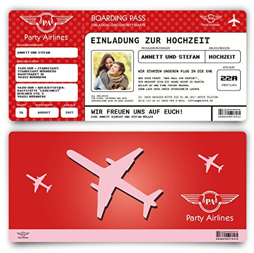 Kartenmachen.de Einladungskarten zur Hochzeit (30 Stück) Flugticket mit Foto Einladung in Rot