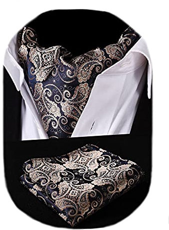HISDERN Krawattenschal Herren Gold Marineblau Paisley Halstuch Blumen Elegant Hochzeit Business Ascot Krawatte und Einstecktuch Set