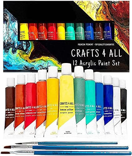 Crafts 4 ALL Acrylic Paint Set - 12 Paints for Canvas, Wood, Ceramic, Fabric - Non Toxic, Vibrant Pigments for Beginners, Students and Professional Artists - Art Supplies