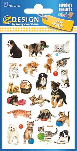 AVERY Zweckform 53487 Kinder Sticker Hunde Katzen 63 Aufkleber