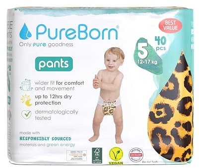 PureBorn 40 Windelhöschen Größe 5 (12-17 kg), Ultra-Saugfähig, Hypoallergen, Weich & Sanft für Babys, Dermatologisch Getestet, Auslaufsicher, Umweltfreundlich aus Bambus