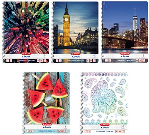 5x Herlitz Collegeblock / DIN A4 / Spiralblock / kariert / 5 verschiedene Motive