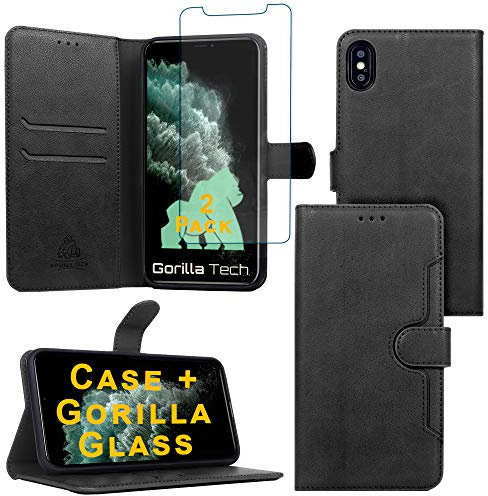 Gorilla Tech iPhone XS/X Premium Flip Black Leather Wallet Case With Screen Protector Tempered Glass