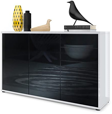 Vladon Sideboard Ben V3, Kommode mit 3 Türen und 2 Schubladen, Weiß Hochglanz/Schwarz Hochglanz (117 x 74 x 36 cm)