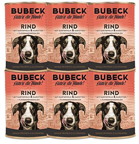 Bubeck Rindfleisch | 6 x 400 g | Nassfutter für adulte Hunde | Rindfleisch mit Kartoffel und Karotte | Verfeinert mit Sonnenblumenöl und wertvollen Flohsamenschalen