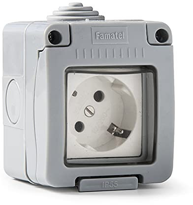 FAMATEL – Base | Enchufe de empotrar | Serie Garden | IP55 | Protección Infantil | A prueba de agua | Fácil de instalar este producto | Gris