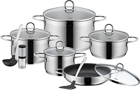 Silit Diamant Topfset 9-teilig, mit Glasdeckel, Servierpfanne, Küchenhelfer, Mühle, Edelstahl poliert, Töpfe Set unbeschichtet