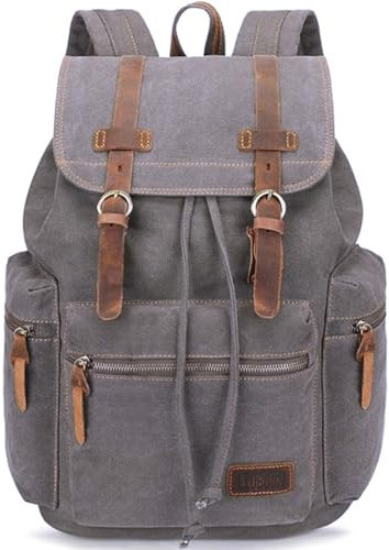 Bluboon Vintage-Rucksack mit Lederbesatz, lässige Büchertasche, für Herren und Damen, Laptop, Reiserucksack .., GRAU, Large, Rucksack Rucksäcke