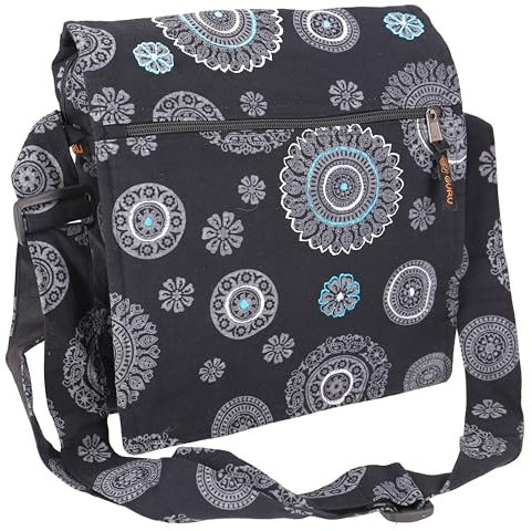 GURU SHOP Schultertasche, Hippie Tasche, Goa Tasche Schwarz, Unisex - Erwachsene, Baumwolle, 30x30x15 cm