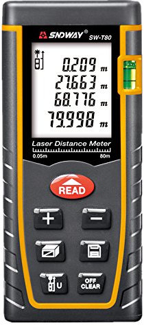 SNDWAY Télémètre laser numérique portable avec mode Pythagore - Calcul de la surface et du volume - Télémètre numérique avec niveau à bulle - Portée jusqu'à 80 m