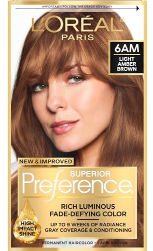 L'Oreal Paris Superior Preference Luminous Fade-Defying Permanent Hair Color, Hair Dye For Up to 9 Weeks of Radiance, Light Amber Brown 6AM, 1 Hair Dye Kit