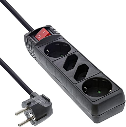 InLine 16441S Steckdosenleiste, 4-fach, 2x Schutzkontakt + 2x Euro, mit Schalter, 1,5m, schwarz