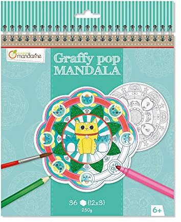 Avenue Mandarine GY030O Malbuch Graffy Pop Mandala, Zeichenpapier 250g, vorgestanzte Formen, 12 Motive wiederholen sich jeweils dreimal, ideal für Kinder ab 6 Jahren, 1 Stück, Tiere