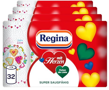 Regina mit Herzen Haushaltstücher 3-lagig, 32 Rollen-Packung (8 x 4 Einzelpackungen), 43 Blatt pro Rolle, Super saugfähig, Dick, Beständig, SC®-zertifiziertes Papier