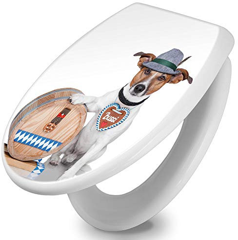 banjado Toilettendeckel mit Absenkautomatik 44,5x37cm / WC Sitz mit Absenkautomatik/Toilettensitz Duroplast mit Edelstahl Scharnieren/Klodeckel mit Absenkautomatik Motiv Bayer Jack Russel