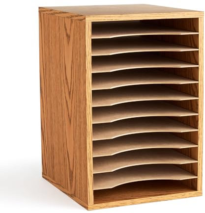 Safco Vertical Desktop Sorter, Wooden Paper Organizer for Home Office and Classroom, 11 Adjustable, Letter-Size Compartments, Medium Oak