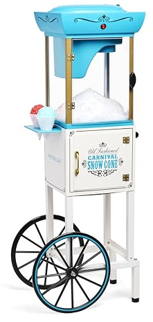 Nostalgia SCC399 Inch Tall Snow Cone Cart, Makes Icy Treats, Includes Metal Scoop Für 48 Eis-Leckereien, inklusive Staufach, Rollen für einfache Mobilität, weiß/blau