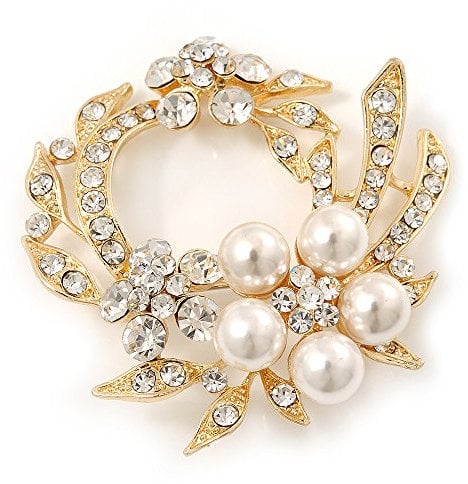 White Simulated Glass Pearl/Clear Crystal Wreath Brooch In Gold Plating - 5cm Diameter