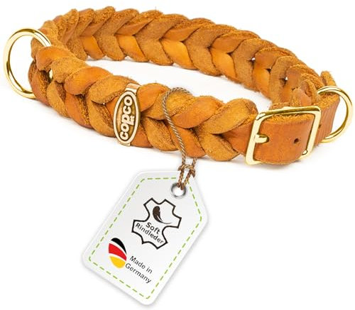 CopcoPet Hundehalsband aus Fettleder 25–29 cm x 15mm Cognac – Geflochtenes Lederhalsband – Messing mit Dornschließe – Robust & verstellbar – Für kleine Hunde, ideal für Alltag & Training