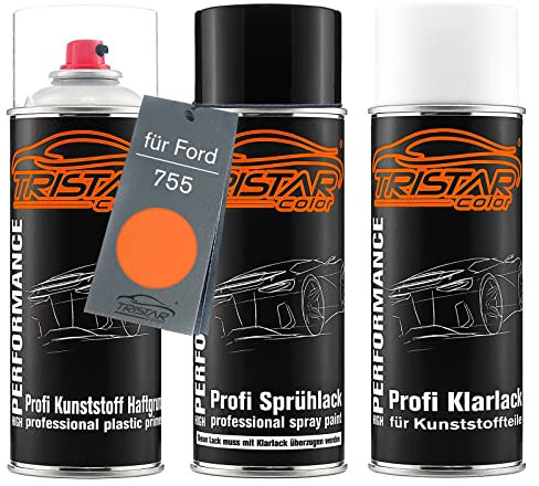 TRISTARcolor Autolack Spraydosen Set für Kunststoff Stoßstange für Ford 755 Chrome Copper Metallic Haftgrund Basislack Klarlack mit Weichmacher Sprühdose