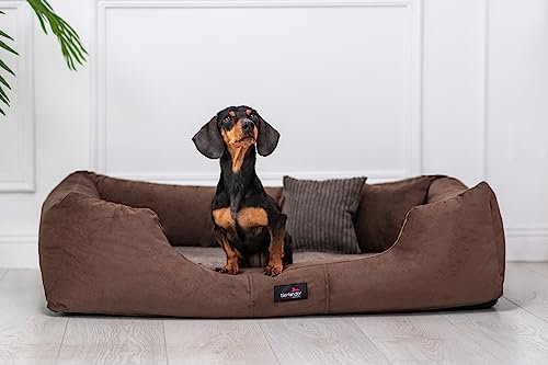 tierlando® Orthopädisches Hundebett Vincent aus High-Tech-Velours Triton und Cord, edles und samtig weiches Hundesofa mit Visco-Matratze, Größe: 90x75cm | Farbe: 01 Braun