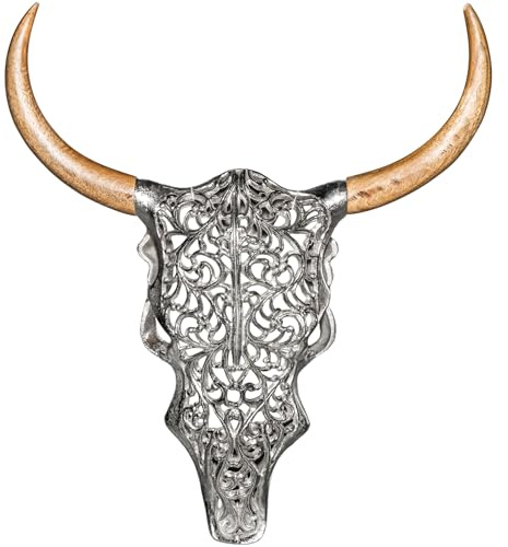 Wanddekoration EXOTIC BULL 51cm - natur silber - Metall Mangoholz Ornamente | Handgefertigt, montiert, Holz-Metall-Kontrast, Statement Piece, Design-Highlight, imposante Hörner, veredelte Oberfläche