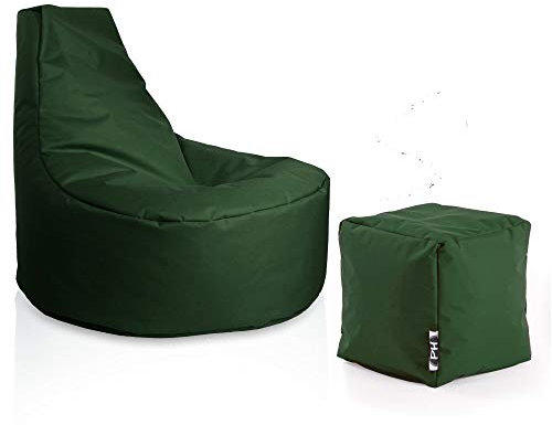 PATCH HOME Gamer Sessel inkl. Würfel Set Ø80cm, 30cm Sitzhöhe, 90cm Höhe + 35x35cm Würfel Dunkelgrün