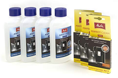 Melitta 7er Pflegeset für Kaffeevollautomaten und Espressomaschinen: 4 x Flüssigentkalker und 3 x Reinigungstabs I für 12 Monate 221738