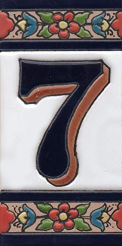 Hausnummern, Keramik, Zahlen und Buchstaben, Fliesen, Rot, Blau und Grün, Blumenmuster, Größe: 11 cm x 5,5 cm (Zahl 7)