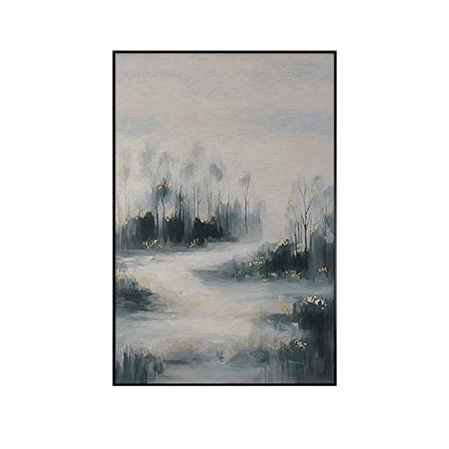 Handgemalte Leinwand Bilder,Leinwand Kunst Wand Goldfolie Nebelwald Landschaft Vertikale Grafik Spachtel Strukturiert Rahmenlos Coole Gemälde Große Wohnkultur Für Schlafzimmer Wohnzimmer,140X200C