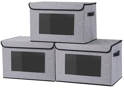 YheenLf Aufbewahrungsbox mit Deckel, Kleiderschrank Organizer,Stoff Grau Aufbewahrungsboxn mit Fenster, Faltbox mit Griff, 3 Stück,38x25x25 cm