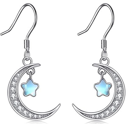 Mond und Stern Ohrringe für Damen Sterling Silber Mondstein Halbmond Baumelnde Ohrringe Schmuck Geschenke