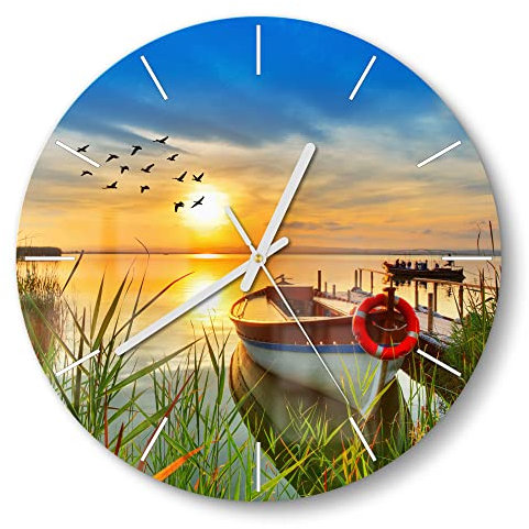 DEQORI Glasuhr | rund Ø 30 cm | Motiv Boot am Steg auf Madeira | ausgefallene leise Design Uhr aus Glas | Wanduhr für Wohnzimmer & Küche | Moderne Hingucker Uhr für die Wand