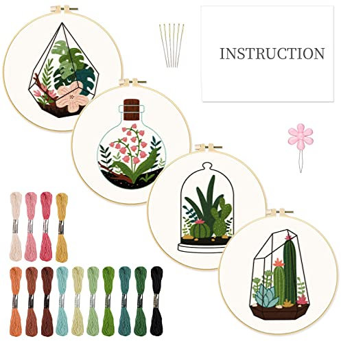 INFUNLY 4pcs Plant Embroidery Starter Kit for Beginners Cactus Cross Stitch Kits for Adults Vase Flower Stamped Stitches Embroidery Sewing Kit with Patterns Instructions for DIY Craft