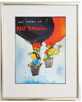 Kunstverlag Christoph Falk Wir heben ab ! No Panic - Udo Lindenberg Bild - handsignierte Auflage original Grafik im silberfarbenem Rahmen hinter Museumsglas. Likörell. Siebdruck.
