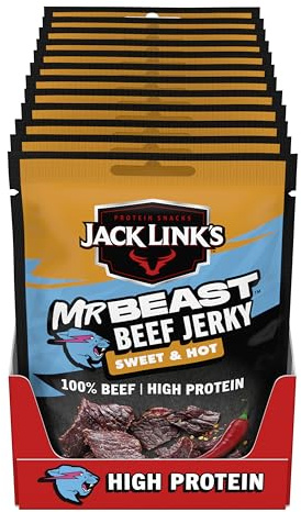 Jack Links Beef Jerky Sweet & Hot – 12er Pack (12 x 60g) – Trockenfleisch Eiweiß Snacks - High Protein Snack für Gym, Fitness, Outdoor - American Food für Menschen - Dörrfleisch Chips aus Rind Fleisch