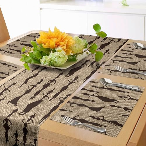 ABAKUHAUS Afrikanisch Tischläufer & 4 Stück Tischsets, Frau der Farbe trägt Wasservasen orientalisches Kultur-Silhouettenmuster, Set für die Tischdekoration, 180 cm x 40 cm, Beige Tan Dunkelbraun