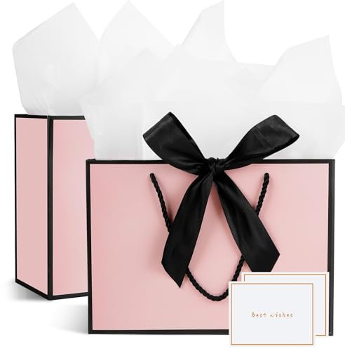 Mifferer Geschenktüten, 2 Stück Papier Geschenktüten mit 2 Taschentuch und 2 Karten, Geschenktüten mit Griffen für Frauen, Mädchen, Brautjungfern, Geburtstage, Valentinstag und Hochzeitsfeiern