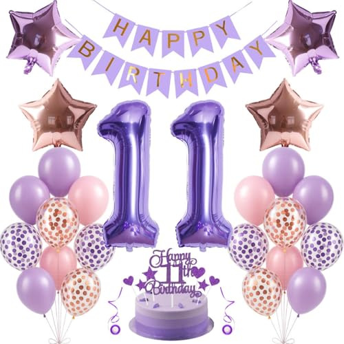 Jxuzh Decoración 11 cumpleaños niña Decoración cumpleaños 11 niña globos rosa púrpura Decoración 11 cumpleaños púrpura oro rosa 30 piezas 32 pulgadas 45 cm Lila Rosa 11 unisex